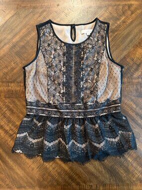 LOFT Black Lace Peplum Top Size Small Sheer Floral Overlay